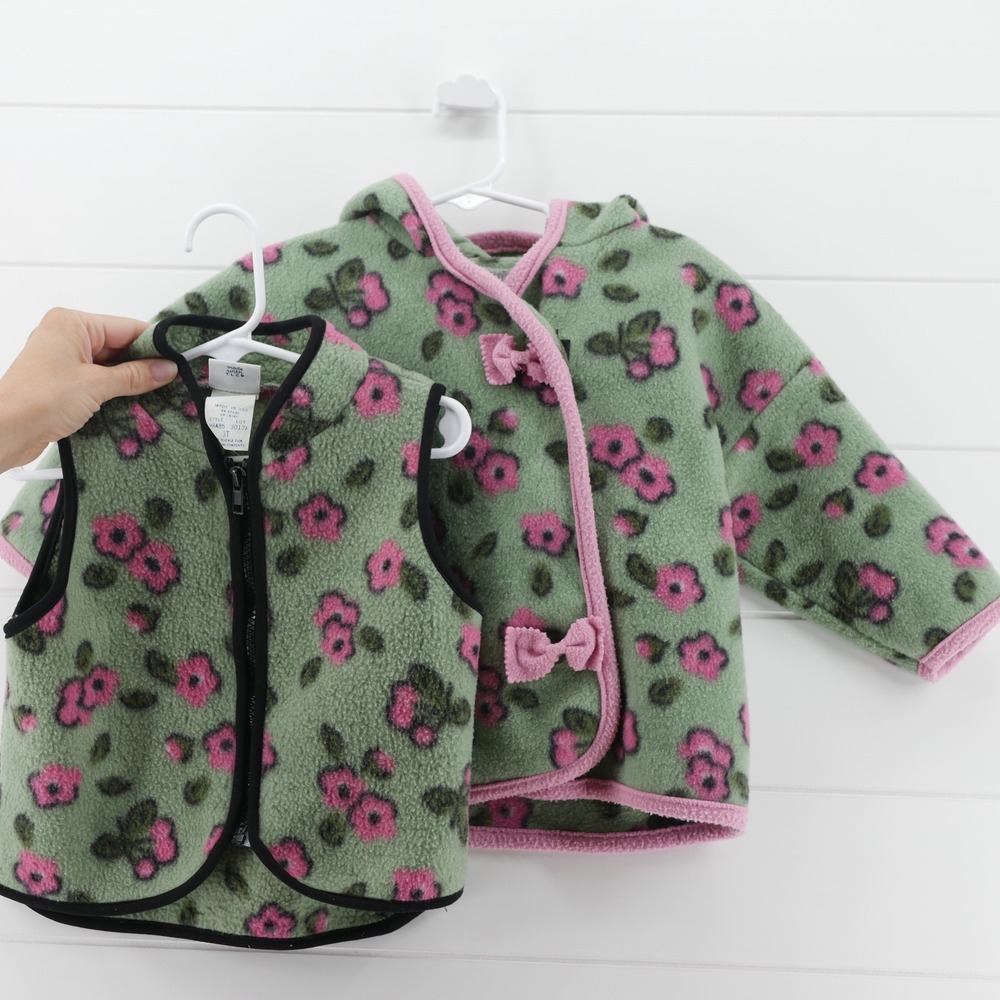 Hartstrings Vintage Girls 3T Floral Fleece Jacket and Vest Set Green Pink USA